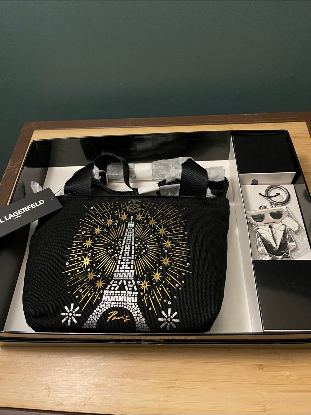 Karl Lagerfeld Black Crossbody Bag with Gold Eiffel Tower Burst